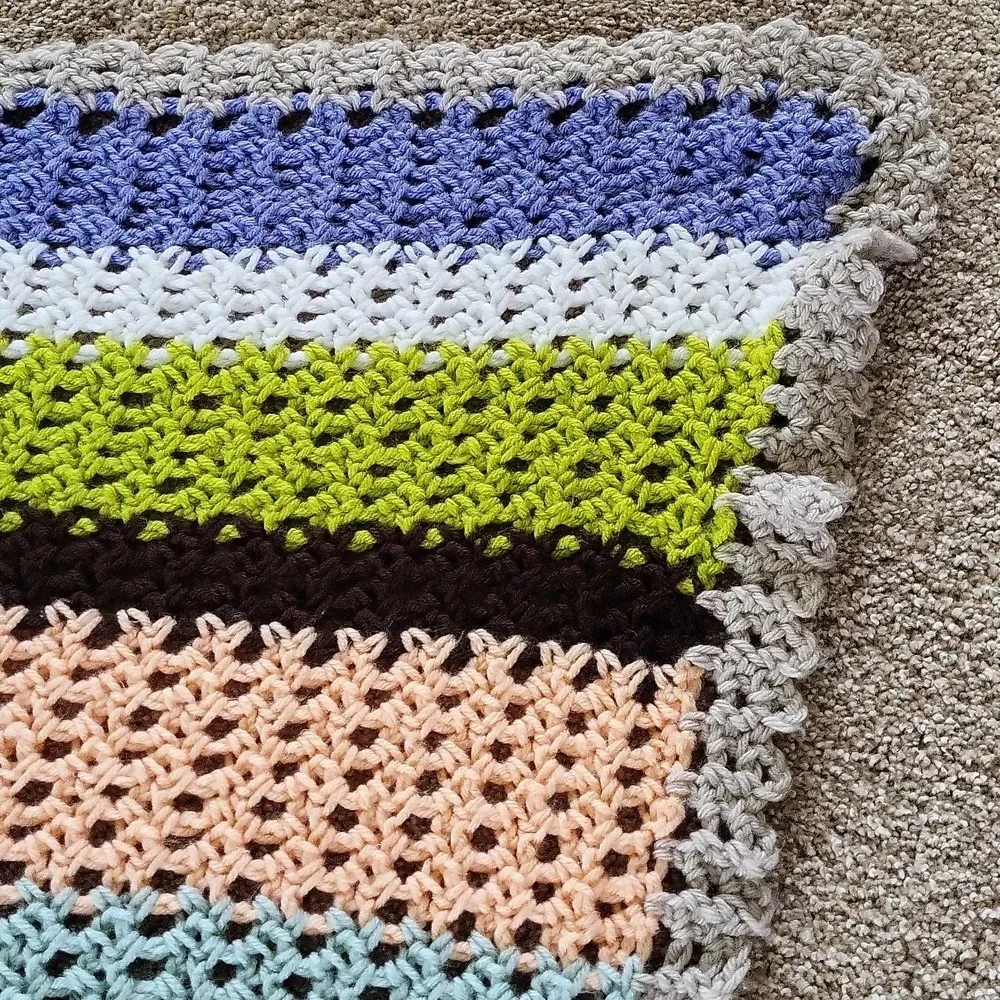 Handmade Striped Mulit Color Crochet Afghan  Blanket Approx.‎ 61 x 46 Grey Trim